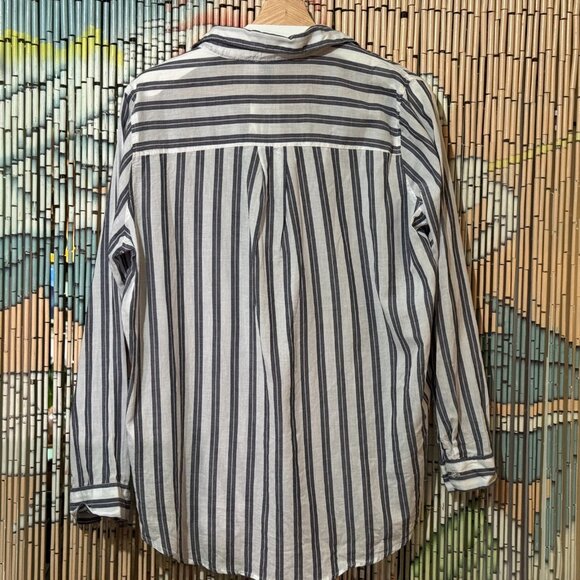 H&M V-Neck 100% Cotton Woven Striped Tunic Shirt, White & Blue with Pink, 12 - Picture 2 of 15